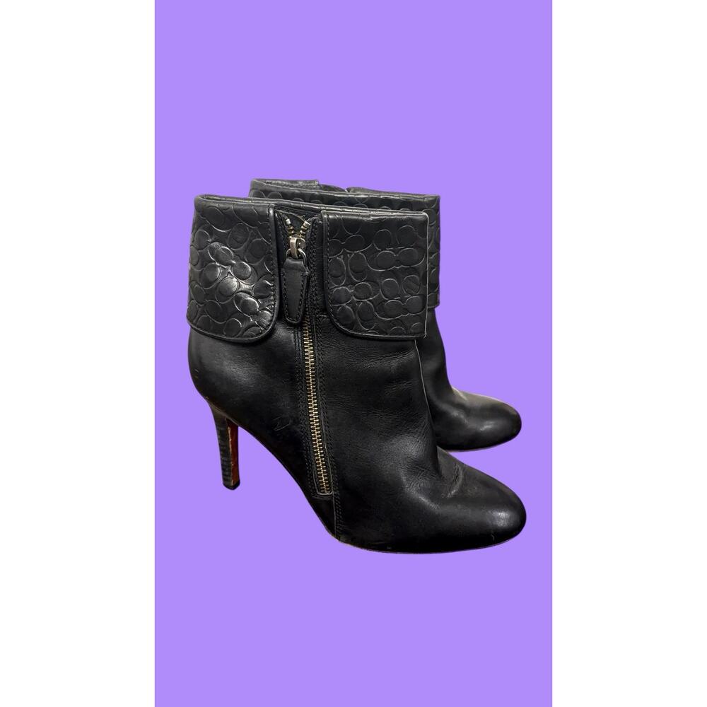 Coach Size 8 Mackenna High Heel Booties Boots Embossed Cuff Leather Black Shoes - Picture 1 of 7